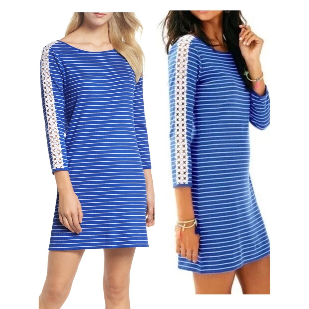 Lilly Pulitzer XXS Marlowe Sweater Dress Blue Striped Ribbed Crochet 3/4 Sleeve‎